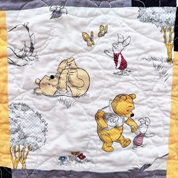 Handmade Winnie the Pooh Baby Quilt 45”x36” Yellow Gray Red Patchwork Blanket - Picture 2 of 11